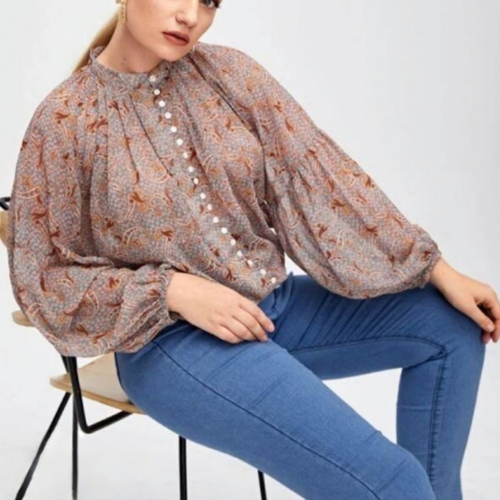 Zara Sheer Paisley Blouse Medium Boho Balloon Sleeve Button Front Top - Picture 10 of 10